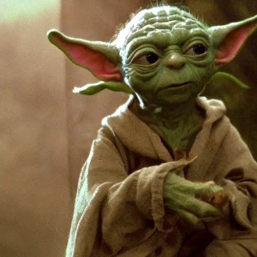 Image similar to A singular creature mix between Yoda and Gollum, center frame medium shot, shot on technicolor cinemascope 35mm anamorphic lense, flare, still from a movie