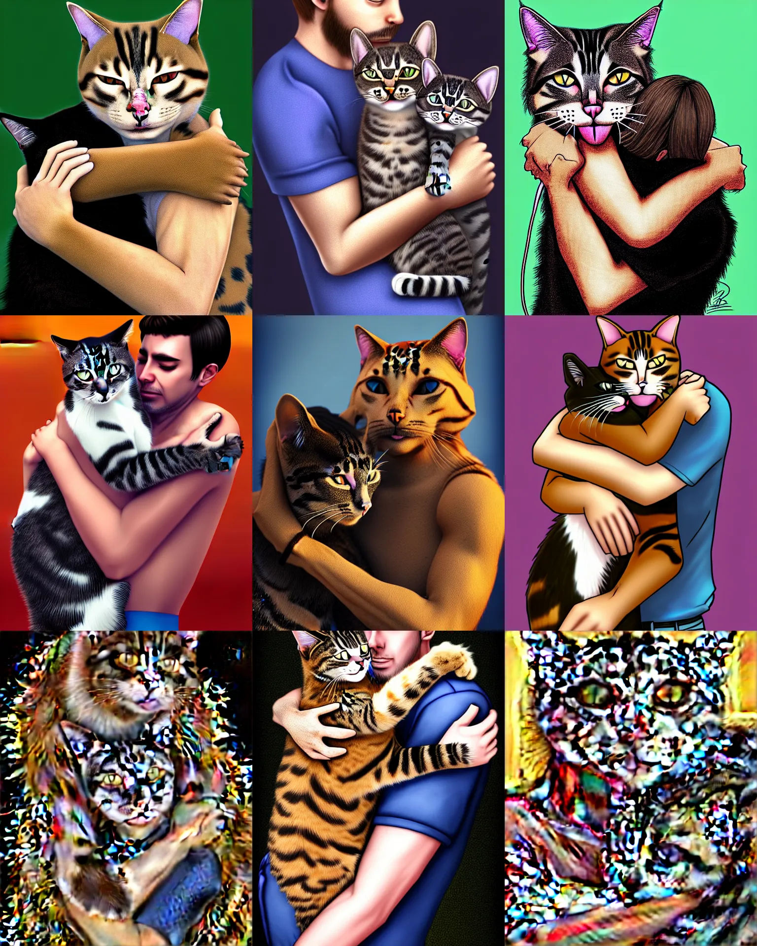 Prompt: being hugged by a cat man furry, dmt, photorealistic,