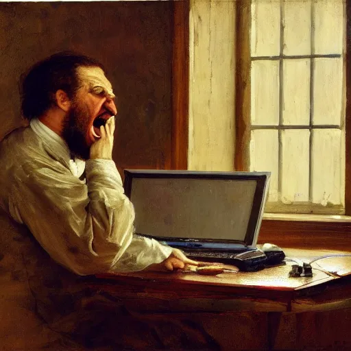 Image similar to an angry man yells at his computer monitor, oil on canvas, 1 8 8 3, highly detailed, high resolution