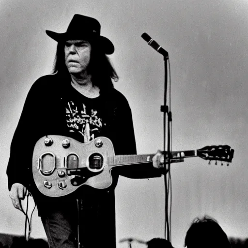 Prompt: high resolution photo of neil young on stage at woodstock in 1 9 6 9, award winning photography