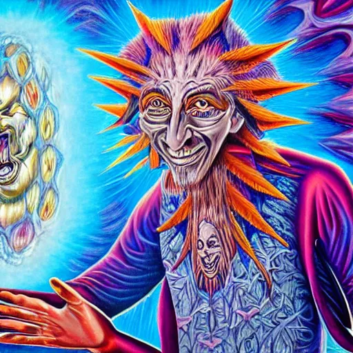 Image similar to Alex Grey artwork of a scheming jester offering a card