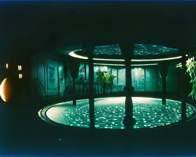 Prompt: low angle shot of a space port at night, aquatic plants, shabby chic, cinematography by Jim Jarmusch, composition by Hale Woodruff,in the style of Nan Goldin, set design by Antonin Gaudí, 35mm, graflex, color film photography