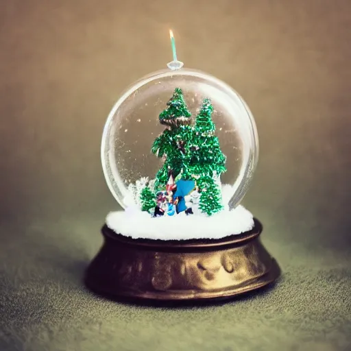 Prompt: Snow globe, candles, Gustav Klutsis, Fallout, Pietro Fragiacomo, Legend of Zelda, mist, snow, pine tree, Aloe vera, swamp, dollar bill, shed, album art,