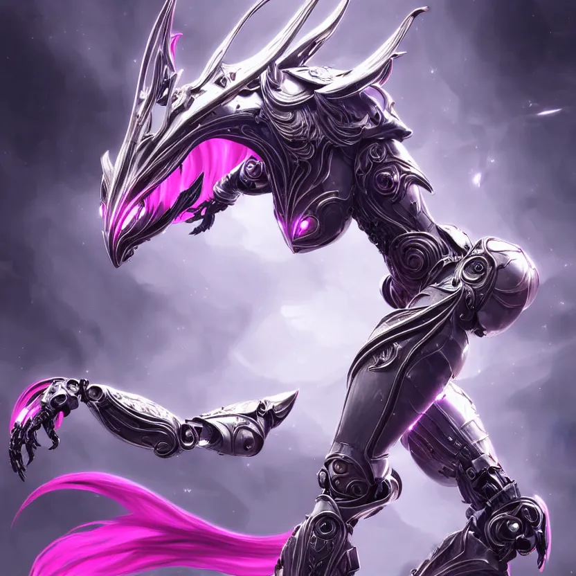 Image similar to highly detailed exquisite fanart, of a beautifulfemale warframe, but as an anthropomorphic robot dragon, shiny white silver armor engraved, Fuchsia skin beneath the armor, sharp claws, long tail, robot dragon hands and feet, elegant pose, close-up shot, full body shot, epic cinematic shot, professional digital art, high end digital art, singular, realistic, DeviantArt, artstation, Furaffinity, 8k HD render