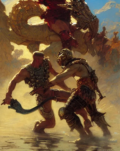 Prompt: rugged knight battles a hydra, painting by gaston bussiere, craig mullins, j. c. leyendecker