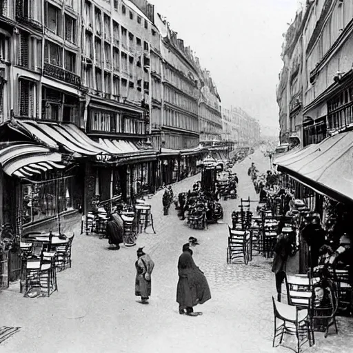 Prompt: une rue de paris vide avec des voitures garees, un restaurant avec une terrasse, des boutiques avec des neons, en debut de matinee en 1 9 0 0