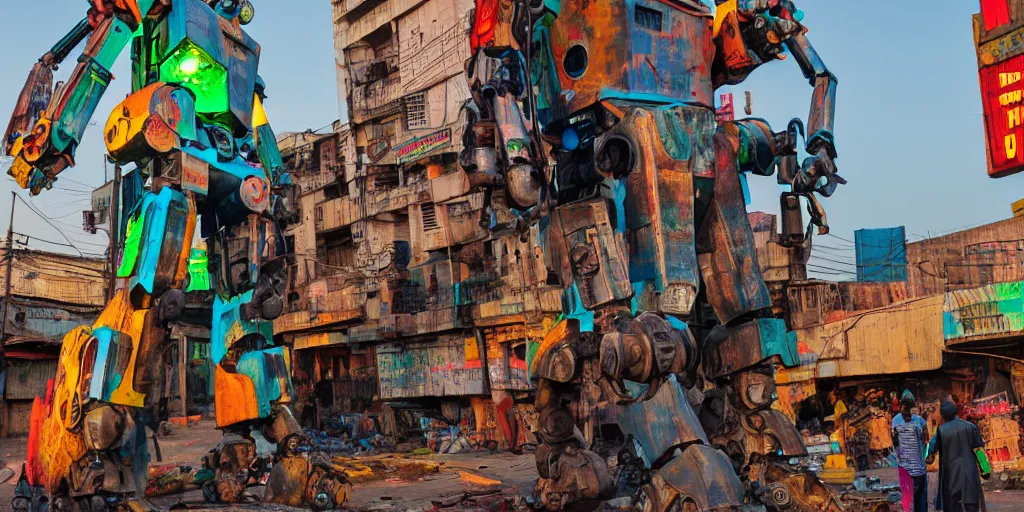 Prompt: colourful - damaged - giant mecha ROBOT of neon lit AJEGUNLE SLUM in Lagos, markings on robot, Golden Hour,