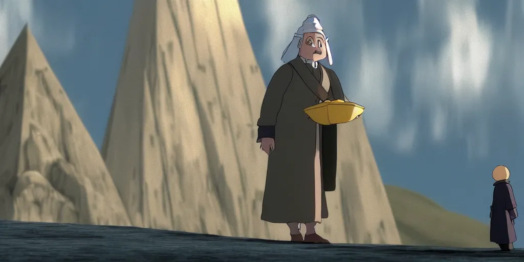 Image similar to a cell - shaded cartoon movie still from howl's moving castle ( 2 0 0 4 ) of a monk in a grey robe. in the background is a white pyramid with a golden capstone in the ocean. shafts of sunlight come from above. wide shot, very dull muted colors, hd, 4 k, hq