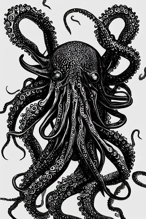 Image similar to black ink on paper, alien octopus, trending on artstation, beautiful, intricate, detailed