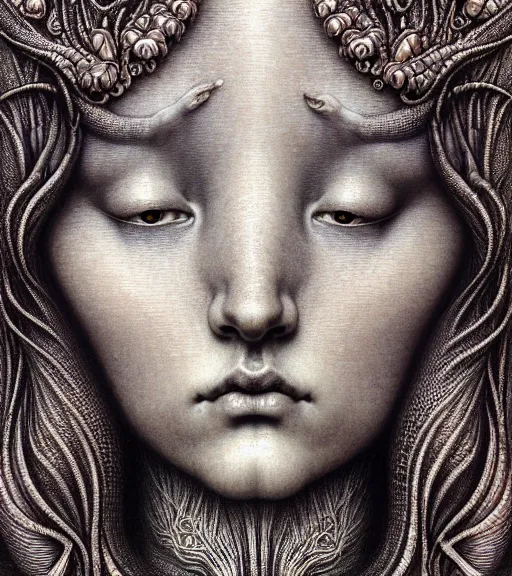 Image similar to detailed realistic beautiful mermaid goddess face portrait by jean delville, gustave dore, iris van herpen and marco mazzoni, art forms of nature by ernst haeckel, art nouveau, symbolist, visionary, gothic, neo - gothic, pre - raphaelite, fractal lace, intricate alien botanicals, ai biodiversity, surreality, hyperdetailed ultrasharp octane render