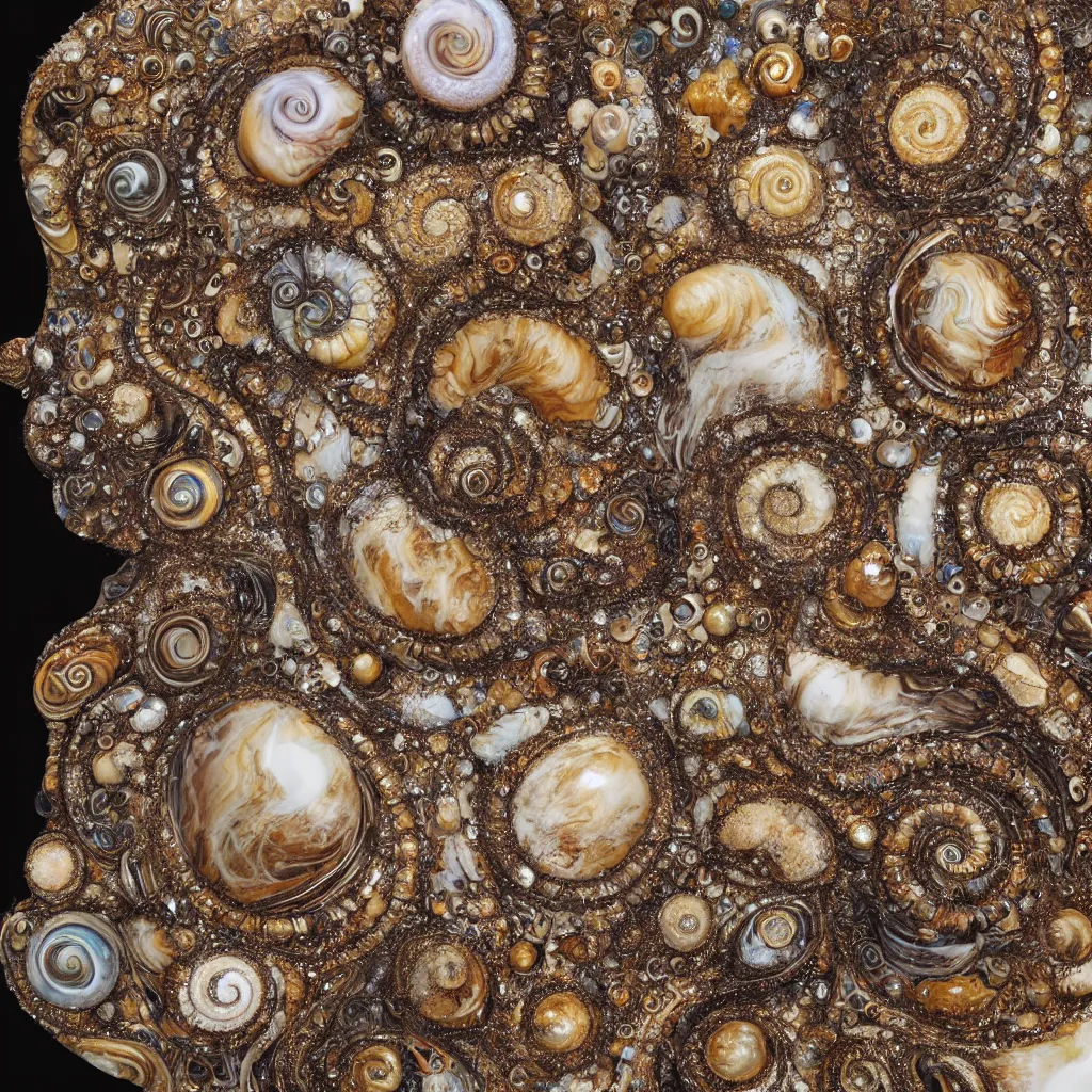 Image similar to fractured galaxy spiral seashells, cyclone seahorse ivory sculpture, detailed fractal patterns, macrophotography, ochre and umber powders, encrusted with dark opals and gold, hyper realistic intricate and complex, fine art photography, trending