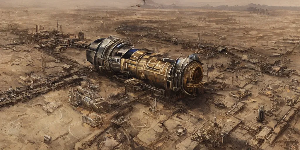 Image similar to anime spaceport rocket launch site in desert steampunk key by greg rutkowski night ultrahd fantastic details