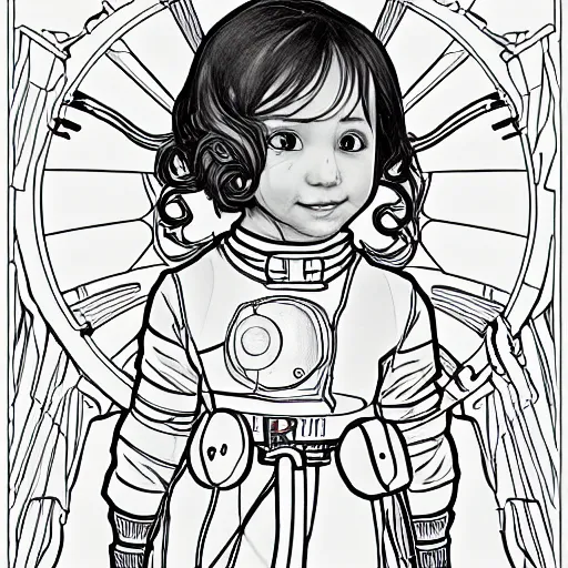 Image similar to clean simple line art of a cute little girl with a short brown wavy curly hair. she is dressed as an astronaut. no background. well composed, clean coloring book page, beautiful detailed face. coloring book line art by artgerm and greg rutkowski and johanna basford and alphonse mucha