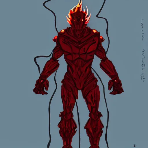 Image similar to Character design body made of fire, body with black and red lava, Lizardman Art, muscular male body, mecha humanoid with cyberpunk bomber jacket, concept art character, royalty, smooth, sharp focus, organic, deep shadows, sketch line art for character design