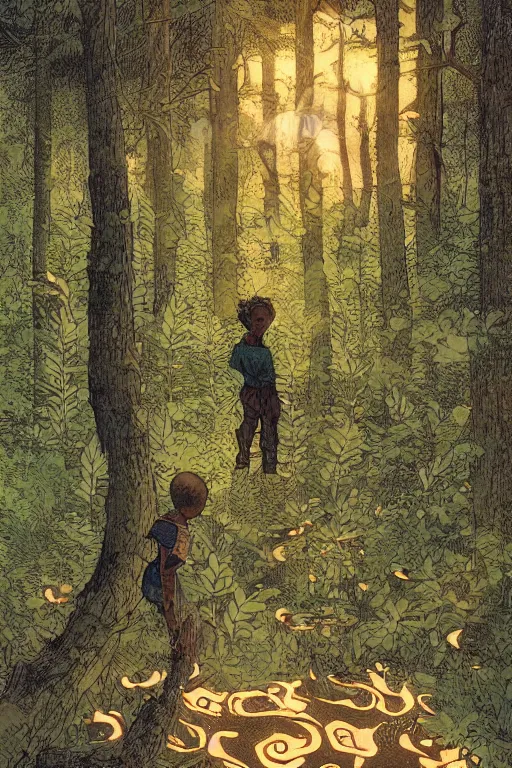 Prompt: a scenic view of a black boy in the middle of a magical forest with glow-worm lights near a lake, high angle, detailed, cinematic, dramatic scene, retro illustration by Norman Rockwell and Mattias Adolfsson.