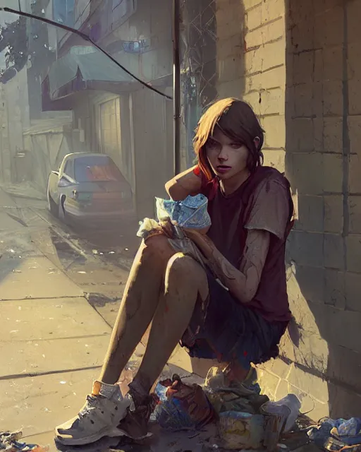 Prompt: Homeless taylor swift wearing tattered rags, dirt, in GTA V, Stephen Bliss, unreal engine, fantasy art by Greg Rutkowski, Loish, Rhads, Makoto Shinkai and Lois van baarle, ilya kuvshinov, rossdraws global illumination, radiant light, detailed and intricate environment