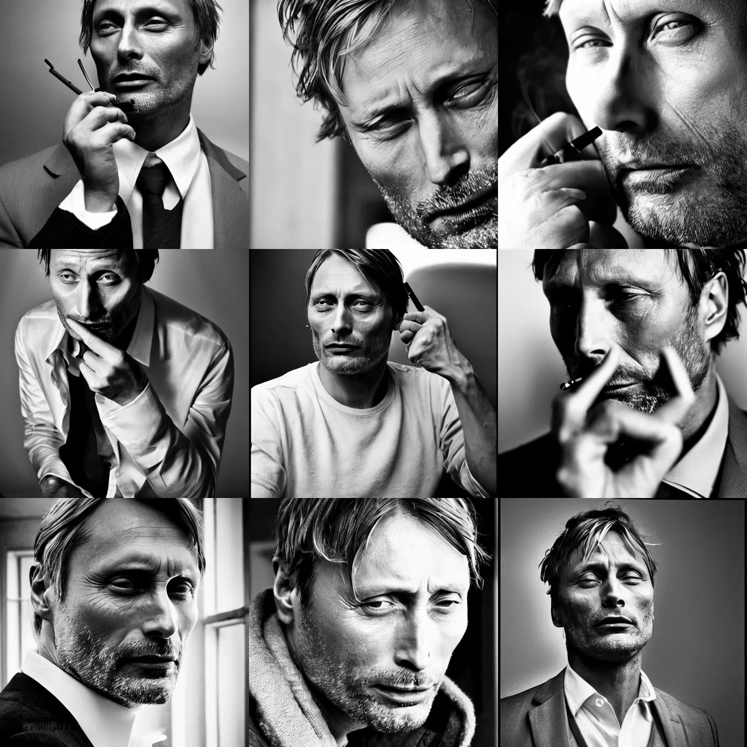 Image similar to Mads Mikkelsen smoking cigarette, looking sideway, epic smoking, cigarette between fingers, thoughtful, suspense, portrait black and white, masculine, virile