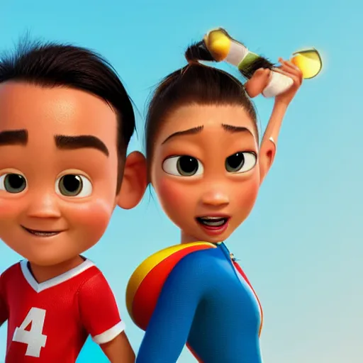 Image similar to young beautiful athletic Filipino woman with long hair and a handsome caucasian athletic thin man with short buzzed hair, high widows peak, stubble on his face, both depicted as Pixar characters, high quality cg render