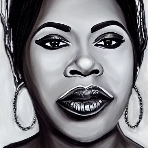 Image similar to oil painting portrait of Donda West, black and white, dramatic