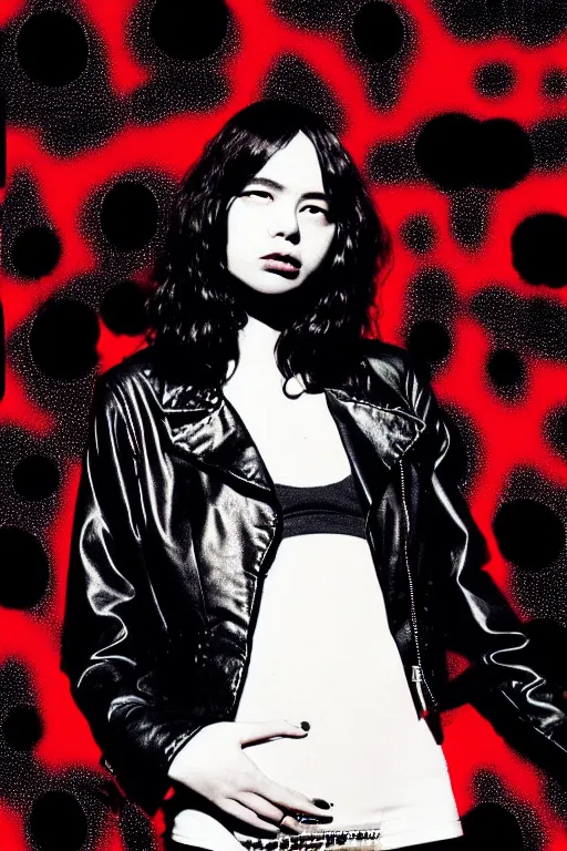 Prompt: dreamy rock girl, black leather jacket, detailed acrylic, grunge, perfect lighting. professional design. great composition, illustration by alex ross, yayoi kusama, peter lindbergh, 8 k