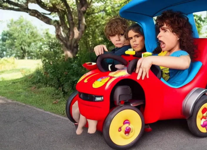 Image similar to peter dinklage and salma hayek driving a little tikes cozy coupe, movie still, from the new fast and furious, 8 k, realistic