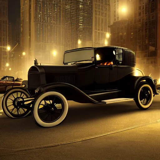 Image similar to very closeup photo of vin diesel as tommy angelo standing near ford model t, chicago 1 9 3 0, night, volumetric lighting, ultra realistic, highly detailed, cinematic, art by jan urschel and neil blevins