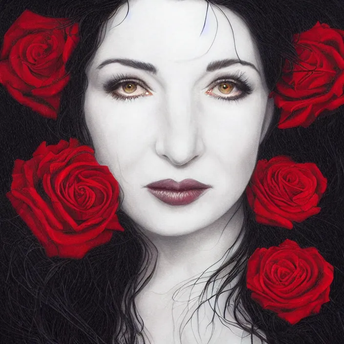 Prompt: portrait of kate bush against a red velvet background, lush black hair, pale skin, white roses, flowing material, intricate, beautiful cinematic lighting, stuning painting by artgerm and android jones