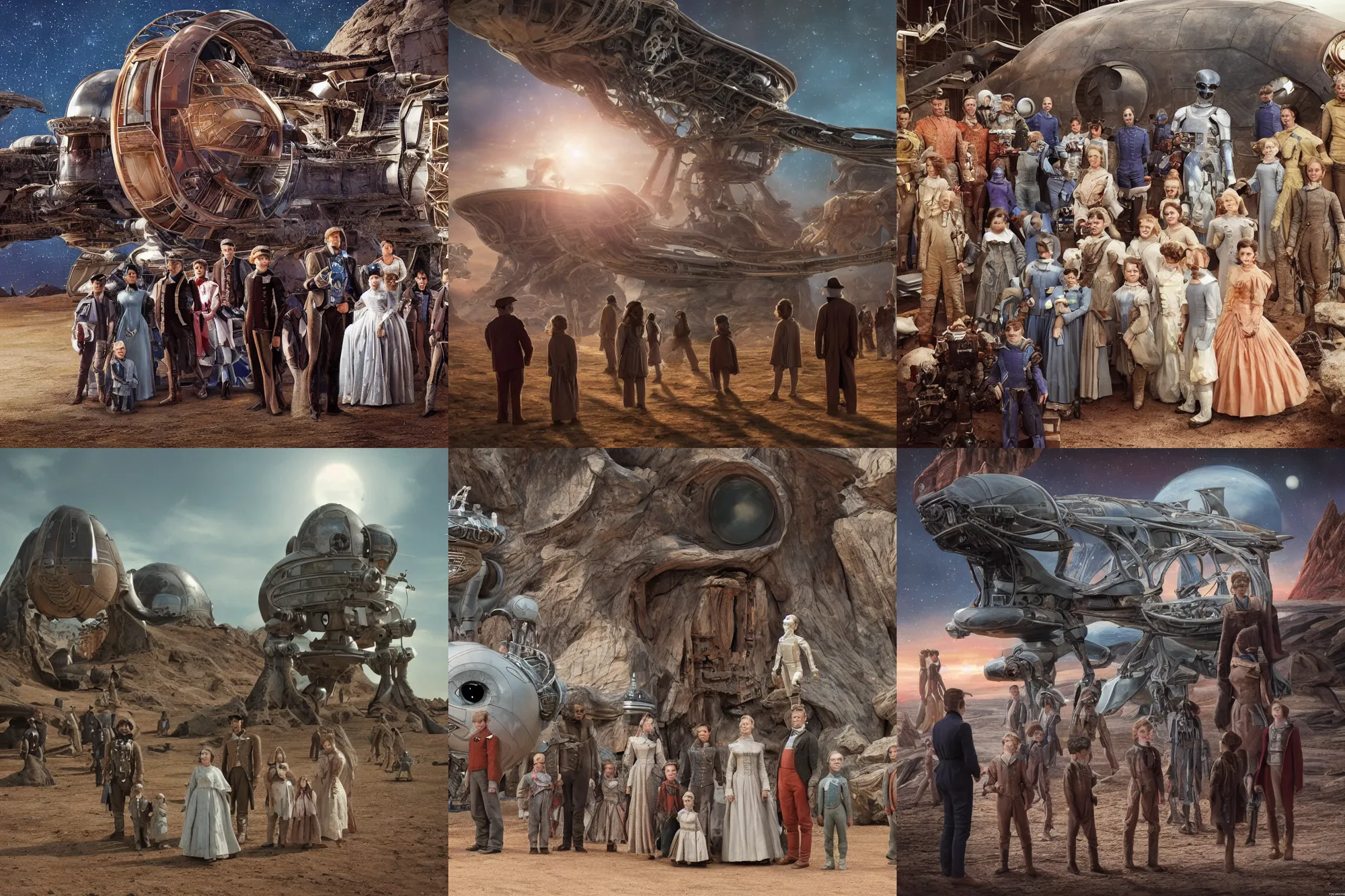 Prompt: highly detailed, 65536k film still from a sci fi blockbuster color movie made in 2019, set in 1860, of a family standing in front of a spaceship that has just landed on an alien planet, a humanoid alien creature stands nearby, the family are all wearing 1860s era clothes, good lighting, good photography