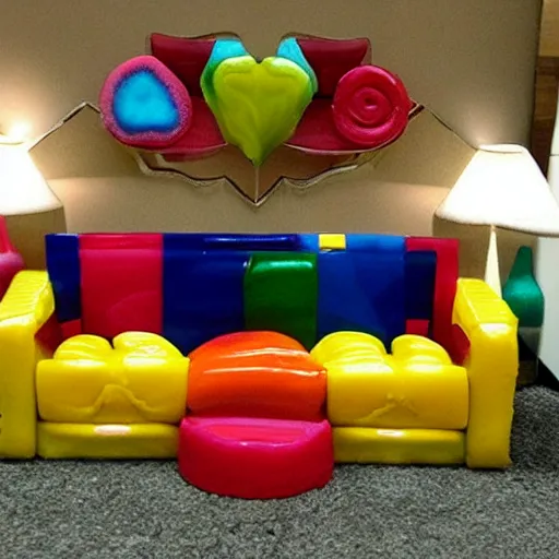 Image similar to sofa made out of candy, glossy, realistic, detailed,