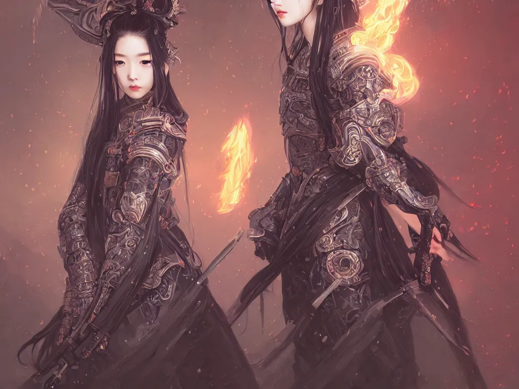 Prompt: portrait jisoo blackpink samurai girl, grey hair armored samurai clothes, in fire japanese temple wet night, ssci - fi and fantasy, intricate and very very beautiful and elegant, highly detailed, digital painting, artstation, concept art, smooth and sharp focus, illustration, art by tian zi and wlop and alphonse mucha