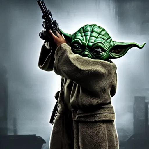 Image similar to Yoda as the main character in Call of Duty black ops, holding a gun, highly detailed, high quality, HD, 4k, 8k, Canon 300mm, professional photographer, 40mp, lifelike, top-rated, award winning, realistic, sharp, no blur, edited, corrected, trending