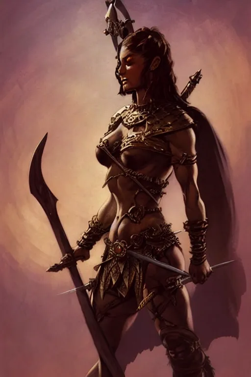 Image similar to warrior princess character portrait by frank frazetta - wearing ornate armor, holding a spear, striking a pose, fantasy, dungeons & dragons, sharp focus, beautiful, artstation contest winner, detailed