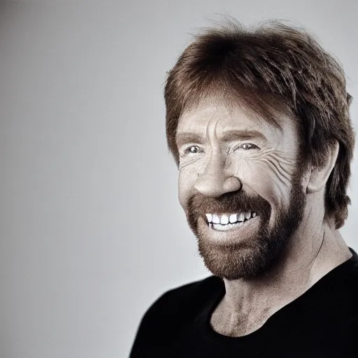 Prompt: Chuck Norris smiling, photoshoot, 30mm, Taken with a Pentax1000, studio lighting, medium shot