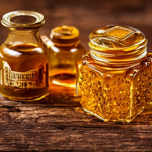 Prompt: a dragon made of honey in an apothecary. the dragon is transparent. you can see light shining through the wings. honey is dripping everywhere. the background is cluttered. sigma 85mm f11, rim light, studio lighting, 8k