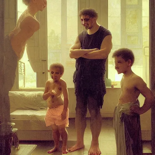 Image similar to a male patient at home with his wife and son standing by. happy, cheerful, smiling, intricate, face enhance, sharp focus, cinematic lighting, featured in artistation, 8 k, art by greg rutkowski, william adolphe bouguereau