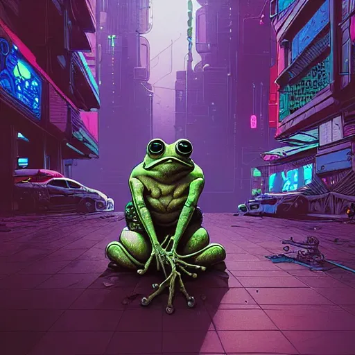 Image similar to A cyberpunk frog cyborg eats on the street of a cyberpunk city art by Josan Gonzalez, sci-fi, highly detailed, digital painting, artstation, smooth, sharp focus, illustration, concept art by Josan Gonzalez and James Gurney and Mœbius