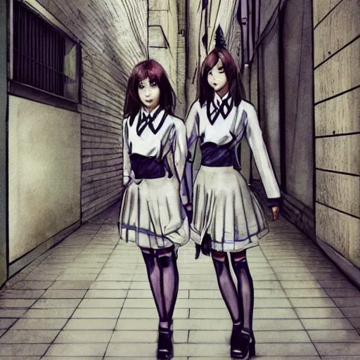 Image similar to a perfect, realistic professional digital sketch of a Japanese schoolgirls posing in a futuristic alleyway, style of Marvel, full length, by pen and watercolor, by a professional American senior artist on ArtStation, a high-quality hollywood-style sketch, on high-quality paper