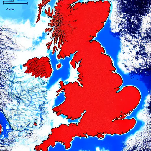 Image similar to map of the uk from space after climate change has destroyed the planet