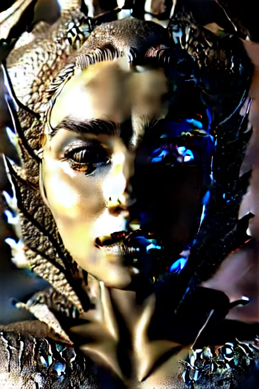 Image similar to bw contrasted close - up profile face, black background, daenerys targaryen - dragon - cyborg - female, 1 5 0 mm, beautiful natural soft rim light, silver gold details, magnolia leaves and stems, roots, mandelbot fractal, elegant, ultra detailed, white metallic armour, octane render, h. r. giger style