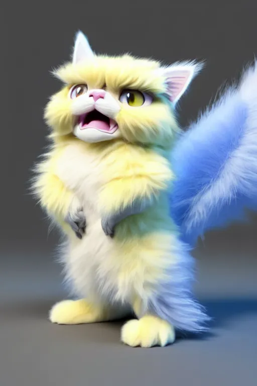 Prompt: high quality 3 d render hyperrealist very cute multipastel fluffy! grumpy griffin cat hybrid with detailed fluffy wings!, vray smooth, in the style of detective pikachu, hannah yata charlie immer, dramatic blue light, low angle, uhd 8 k, sharp focus