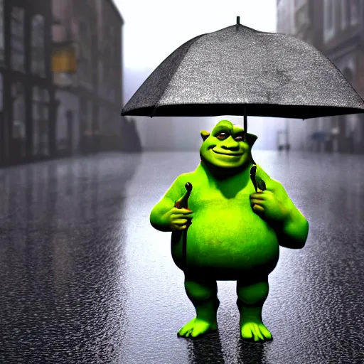 Image similar to shrek walking on the street while holding an umbrella on a rainy day, 3 d render, realistic