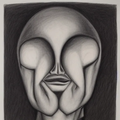 Image similar to charcoal drawing of a man with a strange face. precisionism, charcoal drawing, surrealist, genderless