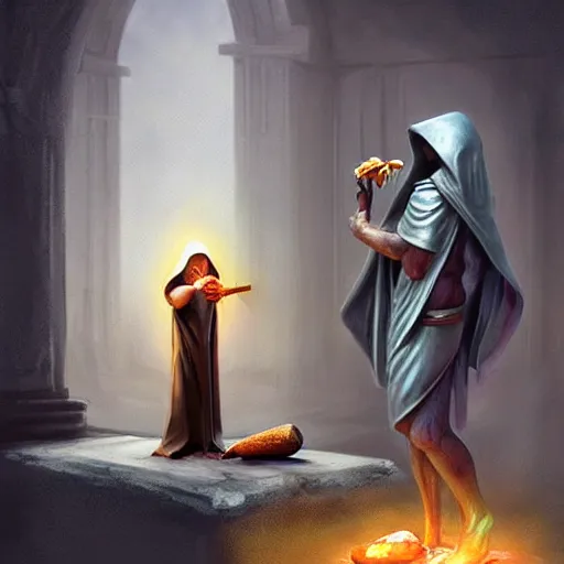 Image similar to a hooded cultist is stabbing a banana placed on an altar, in front of a stone statue of a forgotten god, by patrick mcenvoy and michael komarck and fantasy flight, incredible quality, trending on artstation