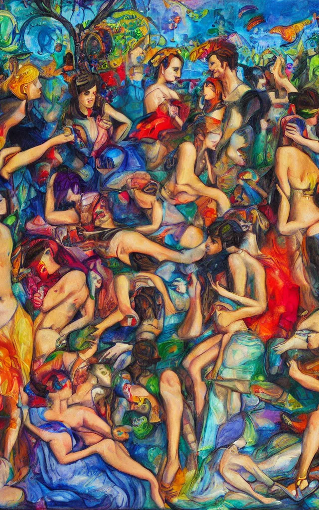 Image similar to social encounters, depictions of the scene and free love hangs - al fresco, postmodern painting, summer of love, sensuous, abstracted, highly detailed, hd