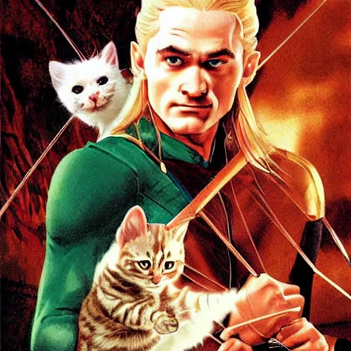 Image similar to comic book cover for'legolas vs a kitten ', art by alex ross