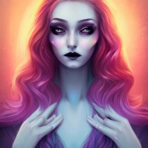 Image similar to portrait of a woman inspired by lois van baarle, charlie bowater, anna dittmann, illustration, iridescent, iridescent hair, face, hair styles, gothic makeup, glitter, self confidence, cinematic 8 k