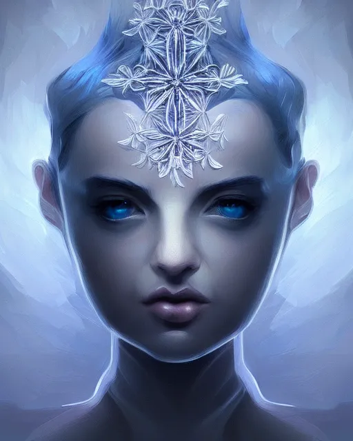 Image similar to concept art, crystal flower portrait, soft grey and blue natural light, intricate, highly detailed dark art, digital painting, artstation, concept art, smooth, sharp focus, illustration, symmetry!