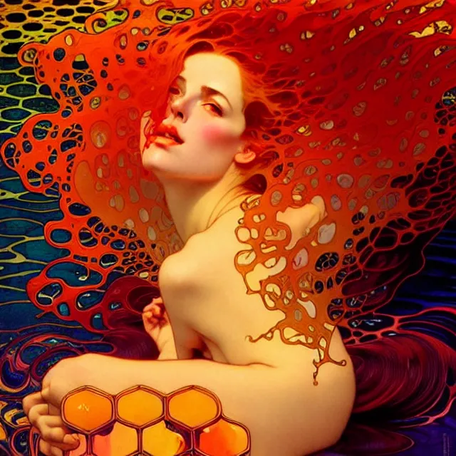 Image similar to mind bending ocean waves of glossy psychedelic liquid honey drops flowing like kaleidoscopic translucent amber, lsd waves, lsd ripples, crystal clear, backlit, sunset, refracted lighting, art by collier, albert aublet, krenz cushart, artem demura, alphonse mucha