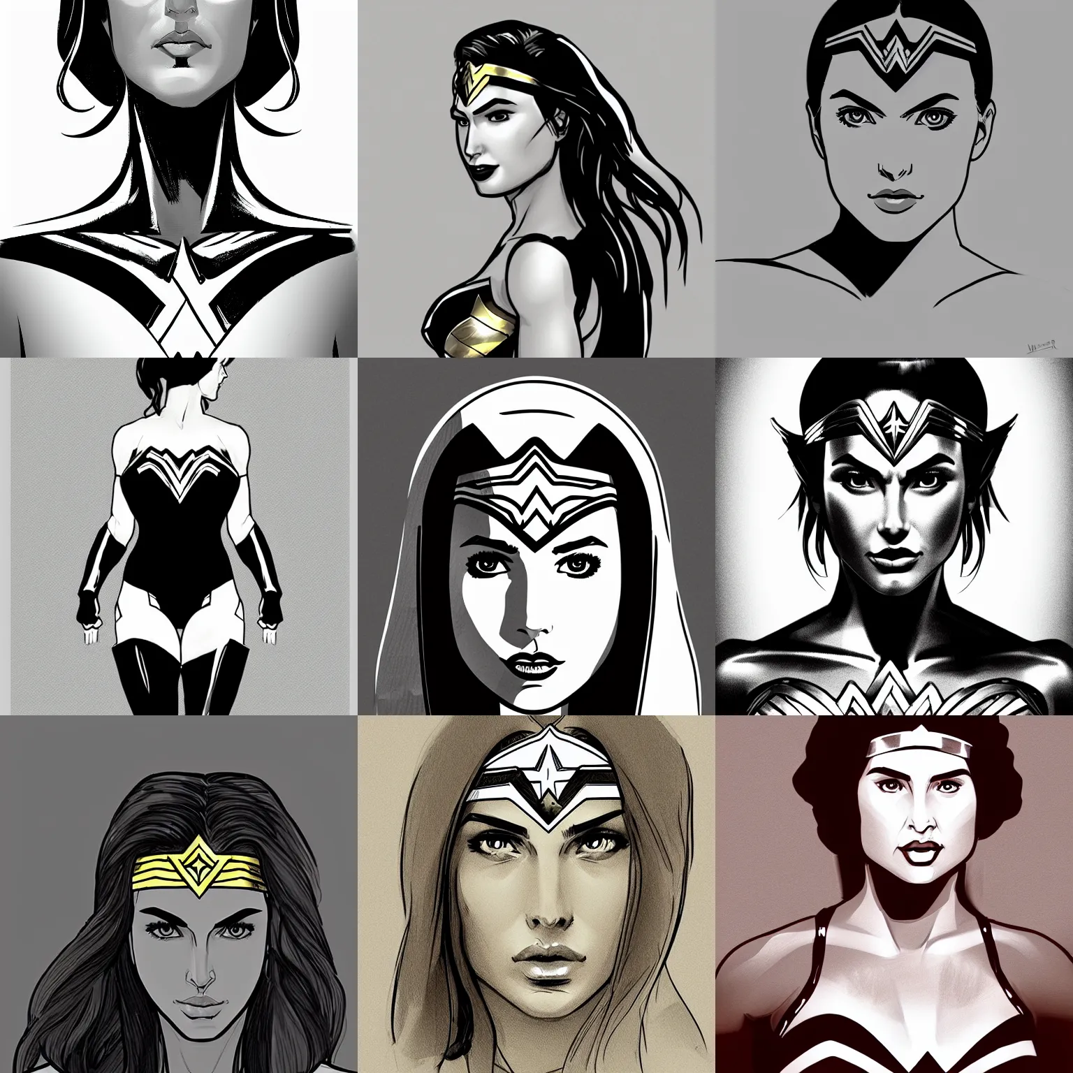 Prompt: portrait of Wonder woman, quick monochrome digital sketch, simple shading, artstation