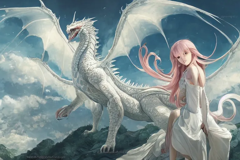 Prompt: the beautiful hyper detailed big scene portrait render that a beautiful girl sitting on the back of a huge silver white dragon alone in fairyland surrounded by white clouds, finely detailed angelic face delicate features, style of studio ghibli, makoto shinkai, artgerm, karol bak, kazuki tanahashi, james jean, ross tran, xision, ultra wide angle